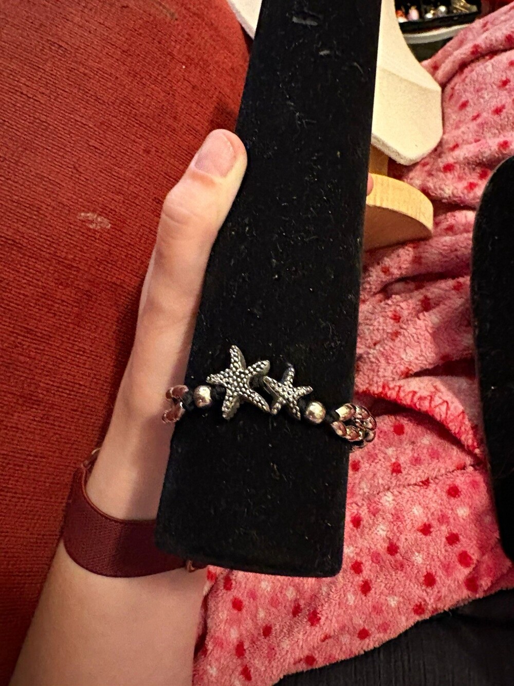 Double Starfish Silver Tone Beaded Bracelet Pink Black Coastal Beach Jewelry
